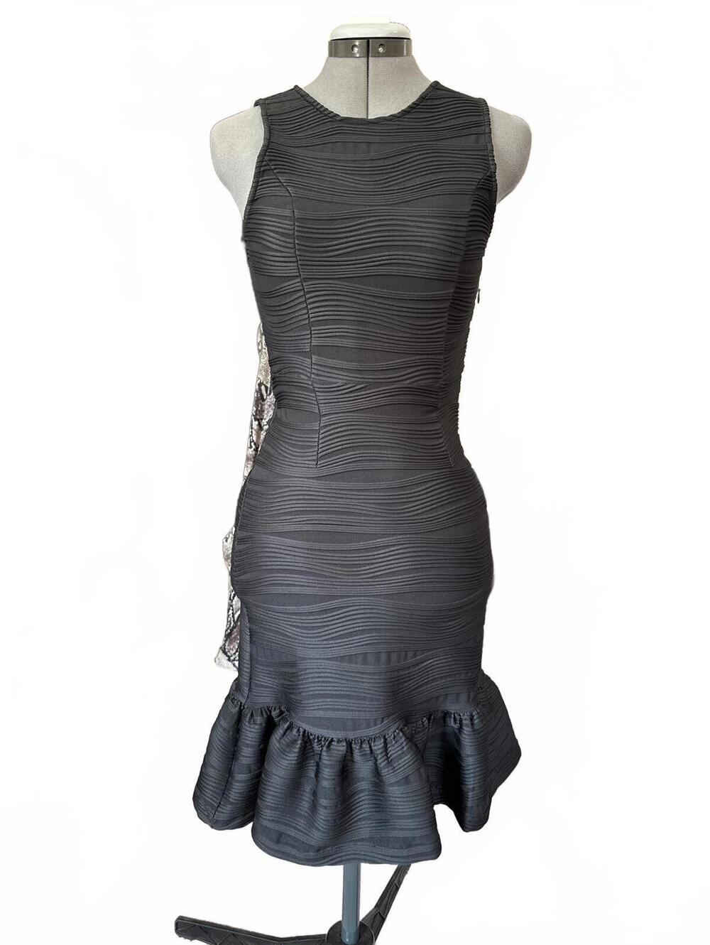 Vintage Catherine Malandrino Black Textured Dress with Ruffled Hem Size XS